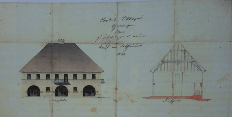 Kauf- und Rathaus in Schwenningen 1830, wurde beim großen Brand 1850 vollständig zerstört.(Stadtarchiov Villingen-Schwenningen 3.1-3 Nr. 993)