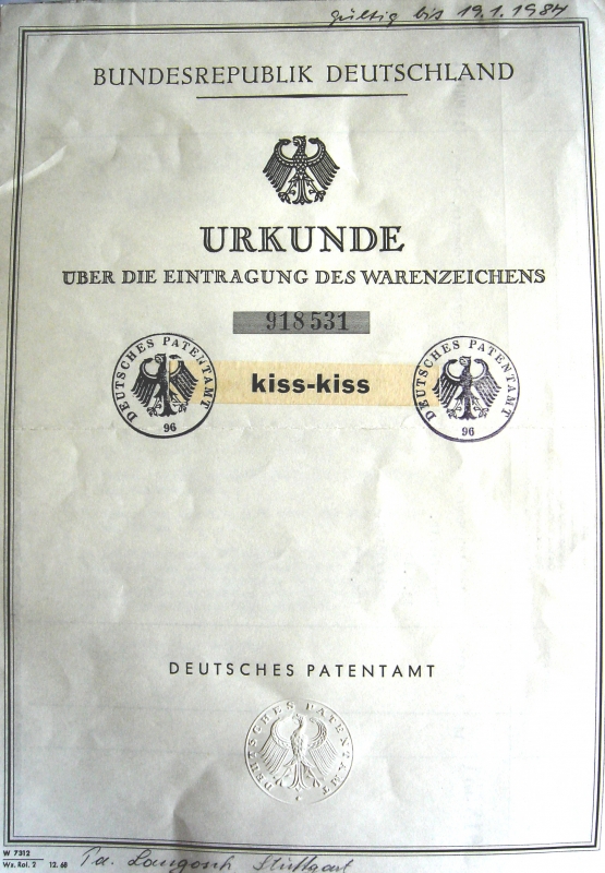 Urkunde über das Warenzeichen kiss-kiss für die Bundesrepublik Deutschland