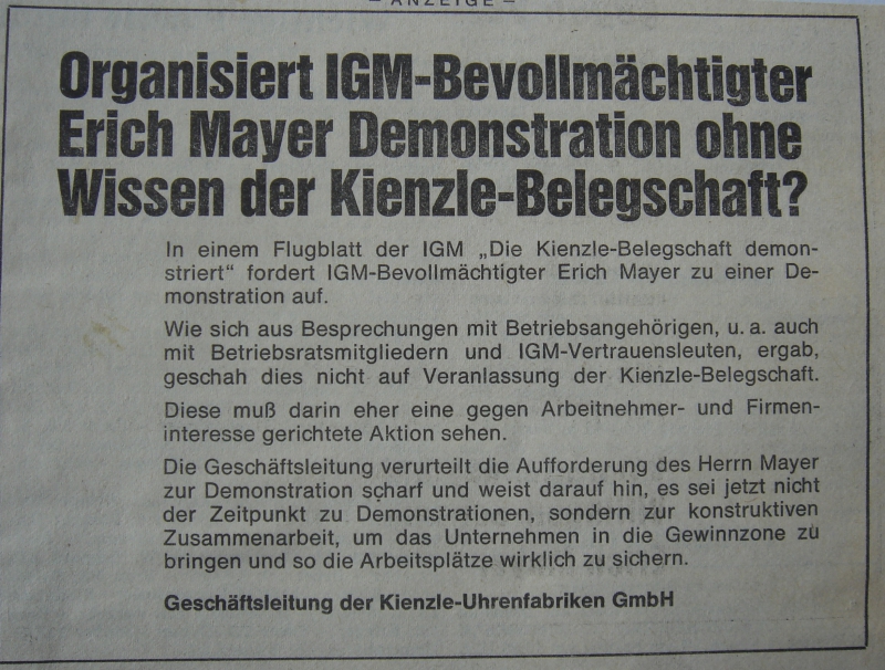 Anzeige der Geschäftsleitung zur Demonstration am 13. März 1976