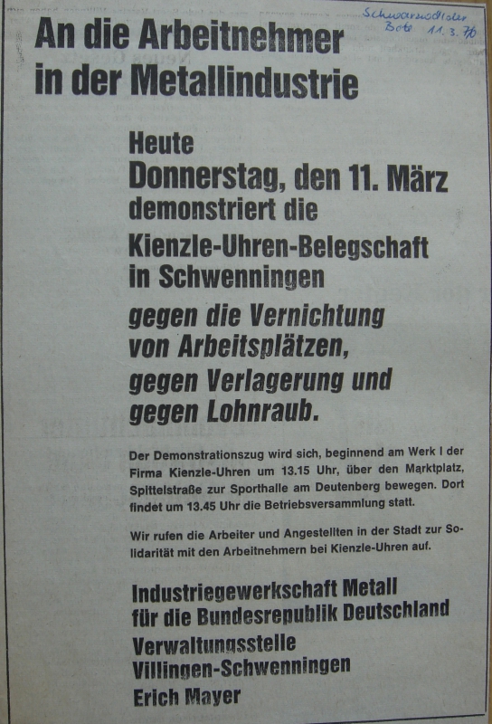 Anzeige der IG-Metall Verwaltungsstelle Villingen-Schwenningen zur Demonstration der Kienzle Belegschaft am 11. März 1976 (Schwarzwälder Bote v. 11. März 1976)