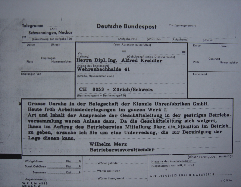 Telegramm des Betriebsratsvorsitzenden Wilhelm Merz an Dipl. Ing. Alfred Kreidler (Stadtarchiv Villingen-Schwenningen)