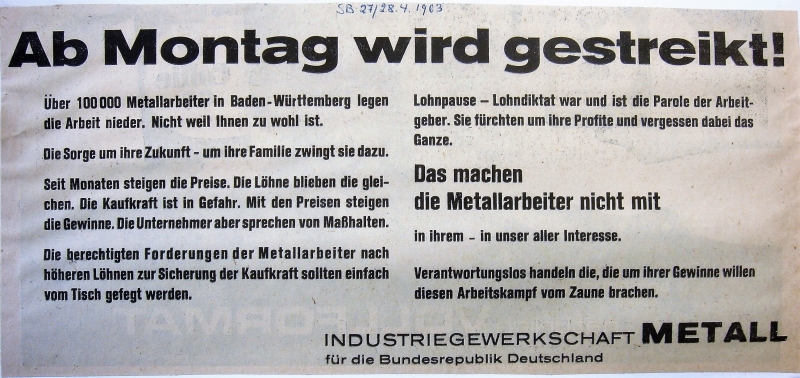 Anzeige der IG Metall aus dem Arbeitskampf 1963
