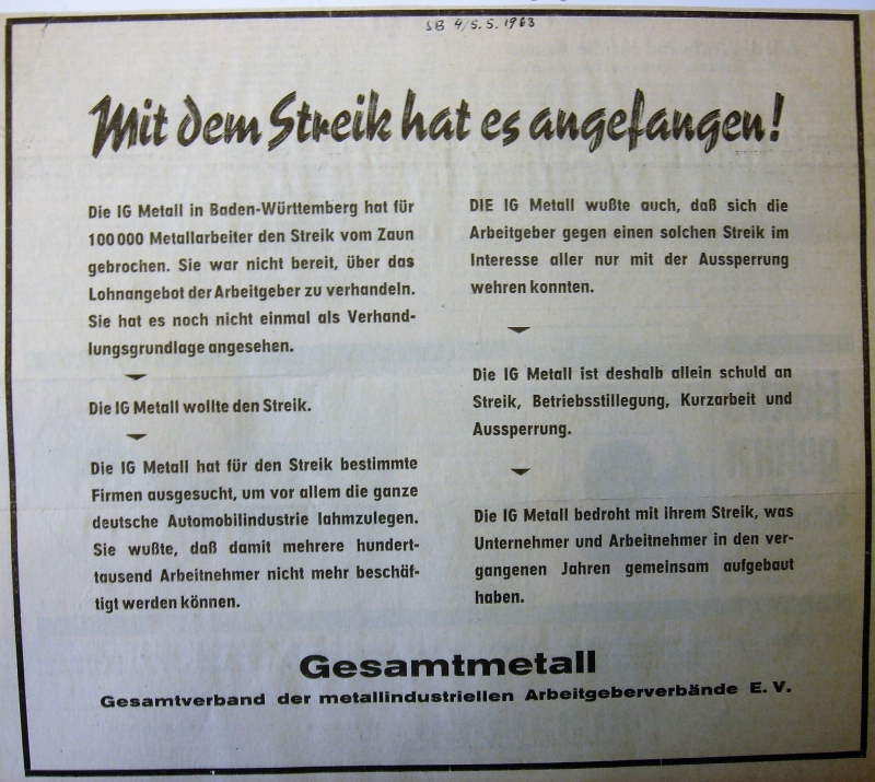 Anzeige des Arbeitgeberverbandes im Arbeitskampf 1963