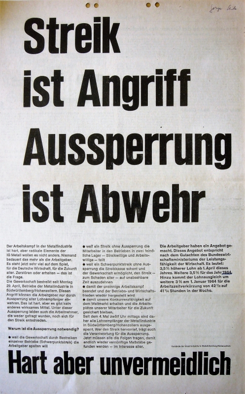 Anzeige des Arbeitgeberverbandes im Arbeitskampf 1963