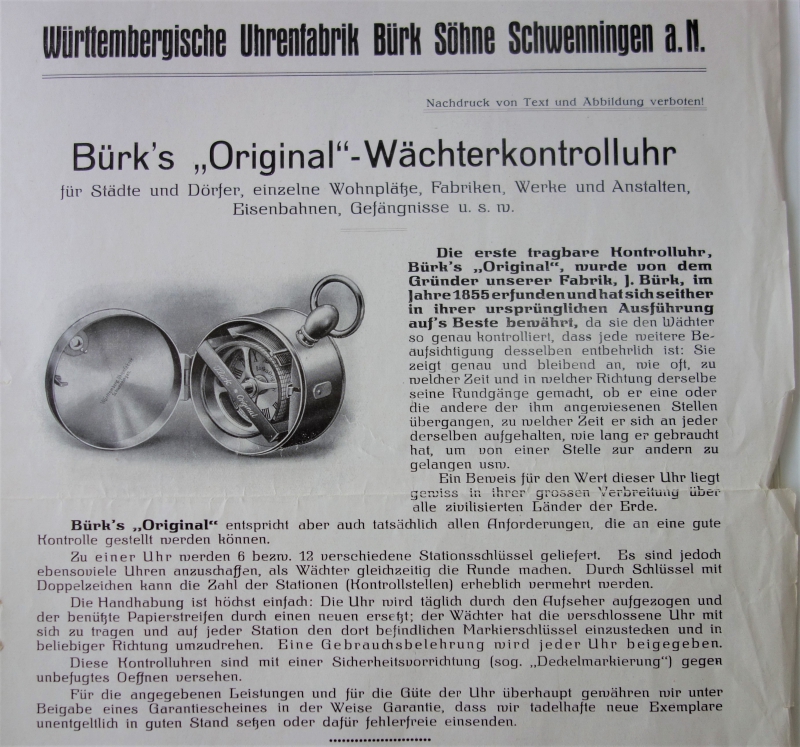 Werbung für "Bürks"- Wächterkontrolluhr (Stadtarchiv Villingen-Schwenningen)
