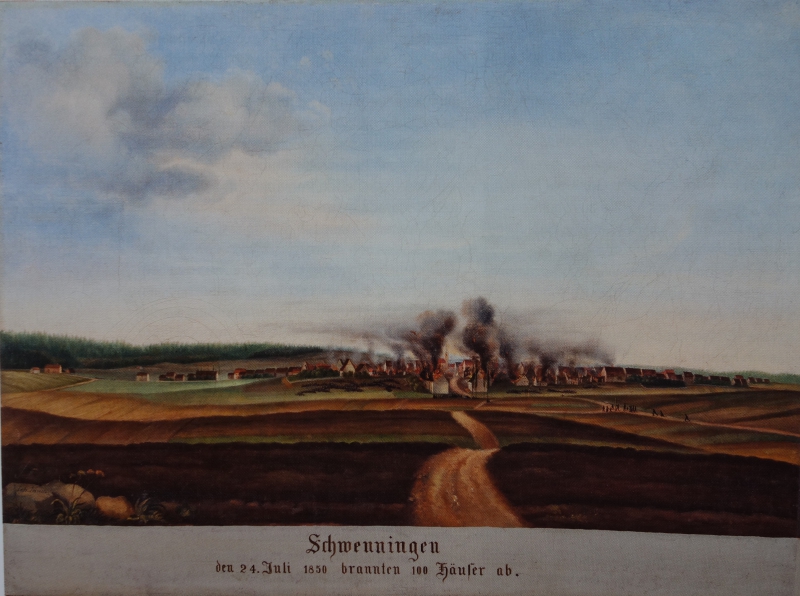 Brand in Schwenningen am 23. Juli 1850, auf dem Bild von Johannes Jauch ist ein falsches Datum angegeben. (Heimatmuseum Schwenningen)